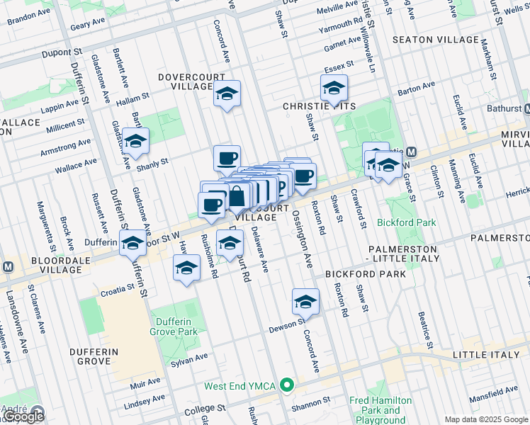 map of restaurants, bars, coffee shops, grocery stores, and more near 927 Bloor Street West in Toronto