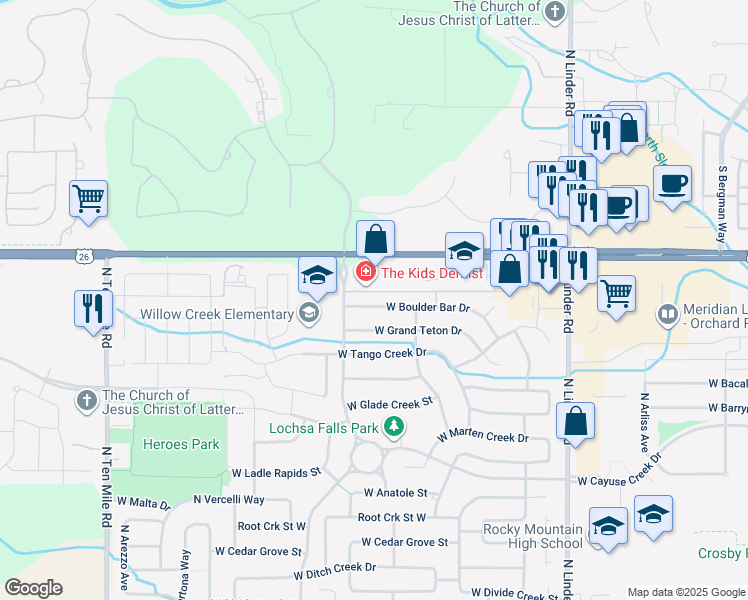map of restaurants, bars, coffee shops, grocery stores, and more near 2300 West Everest Lane in Meridian