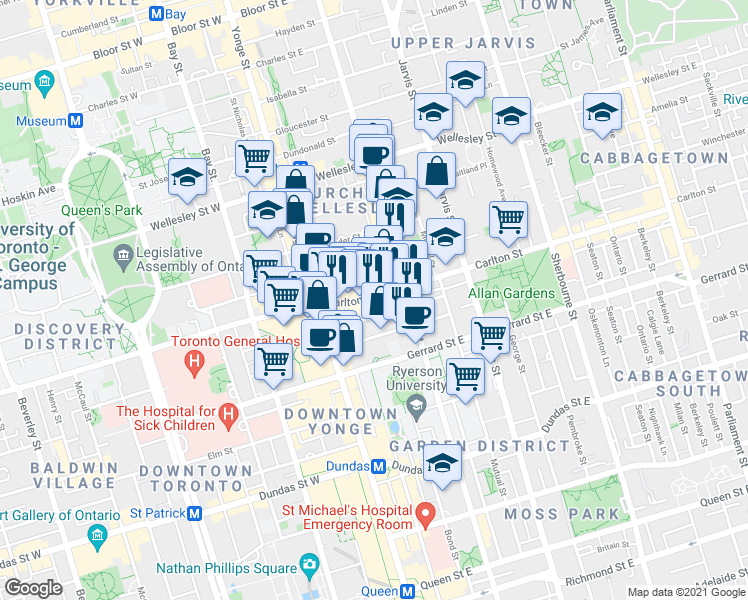 map of restaurants, bars, coffee shops, grocery stores, and more near 45 Carlton Street in Toronto