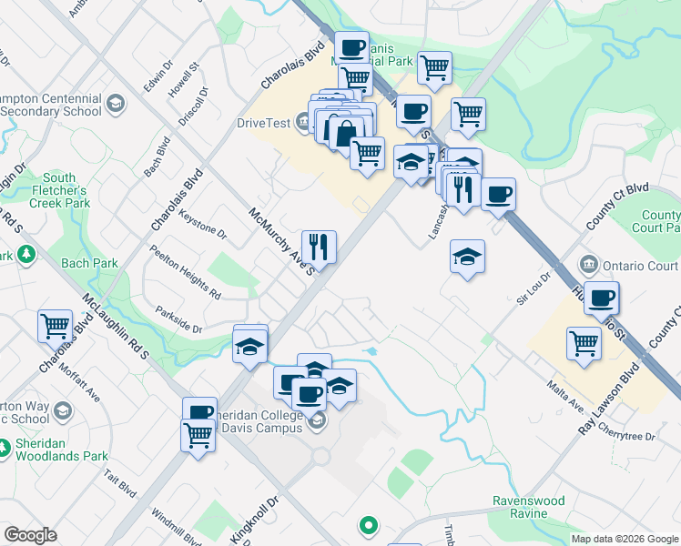map of restaurants, bars, coffee shops, grocery stores, and more near in Brampton