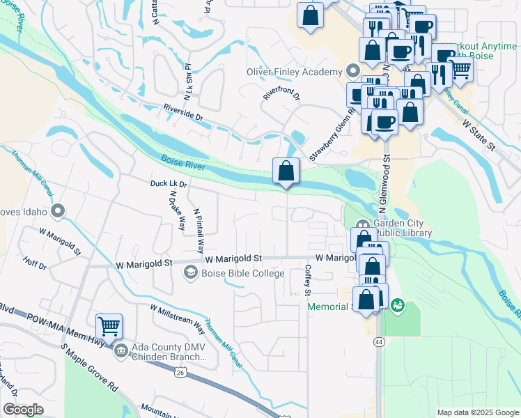 map of restaurants, bars, coffee shops, grocery stores, and more near 8540 West Atwater Drive in Boise