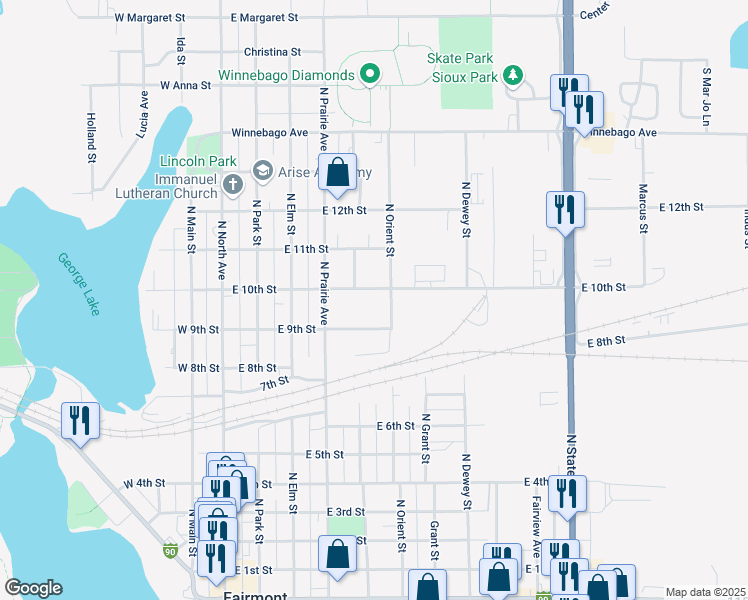 map of restaurants, bars, coffee shops, grocery stores, and more near 429 East 10th Street in Fairmont