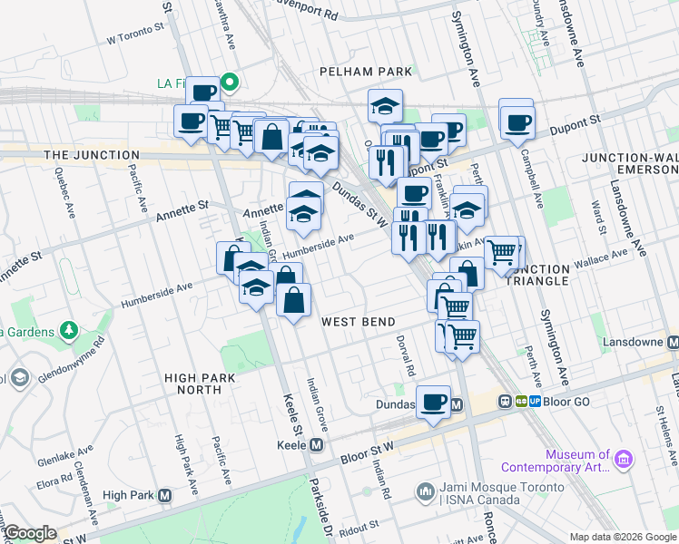 map of restaurants, bars, coffee shops, grocery stores, and more near 706 Indian Road in Toronto