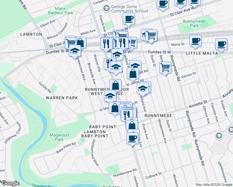 map of restaurants, bars, coffee shops, grocery stores, and more near 502 Jane Street in Toronto
