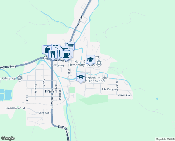 map of restaurants, bars, coffee shops, grocery stores, and more near 101 North Main Street in Drain