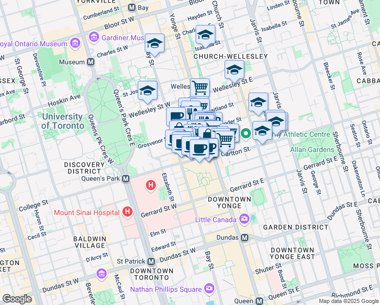 map of restaurants, bars, coffee shops, grocery stores, and more near 40 College Street in Toronto
