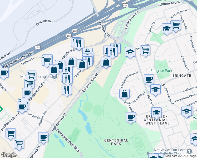 map of restaurants, bars, coffee shops, grocery stores, and more near 1295 Eglinton Avenue West in Mississauga