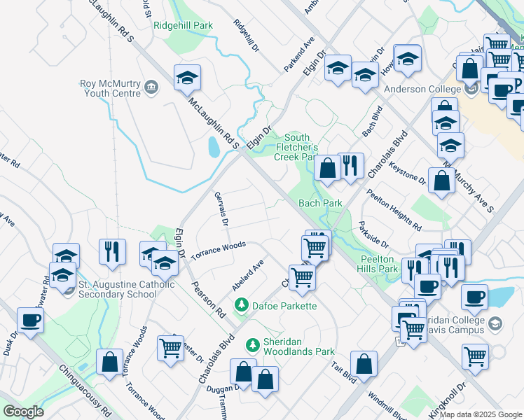 map of restaurants, bars, coffee shops, grocery stores, and more near 37 Rustywood Drive in Brampton