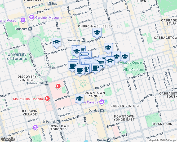 map of restaurants, bars, coffee shops, grocery stores, and more near 2 Carlton Street in Toronto