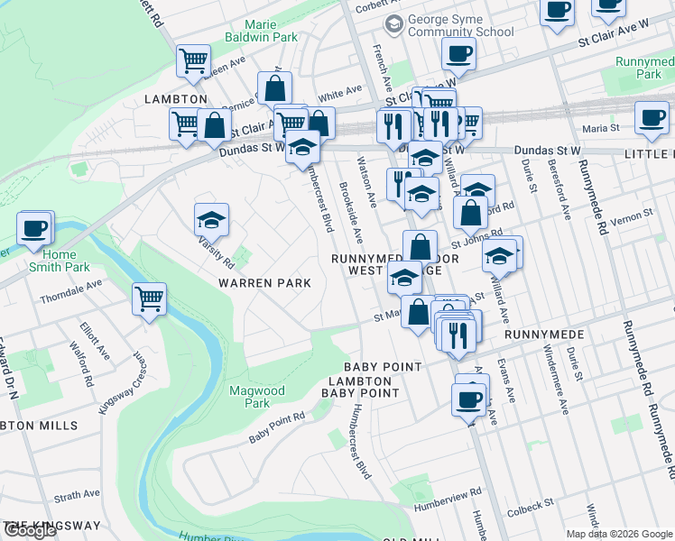 map of restaurants, bars, coffee shops, grocery stores, and more near 136 Humbercrest Boulevard in Toronto