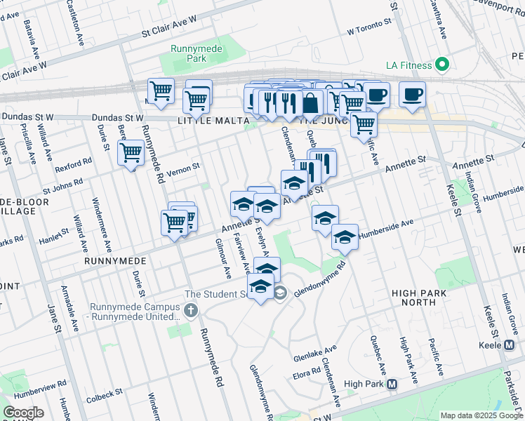 map of restaurants, bars, coffee shops, grocery stores, and more near in Toronto