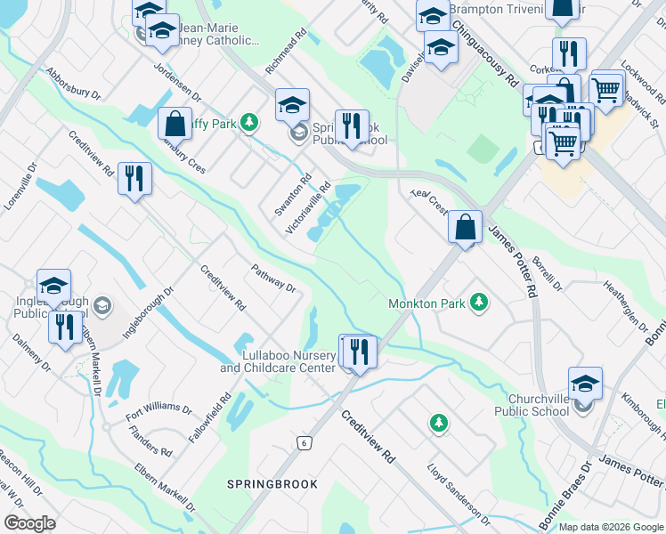 map of restaurants, bars, coffee shops, grocery stores, and more near 124 Antibes Drive in Brampton