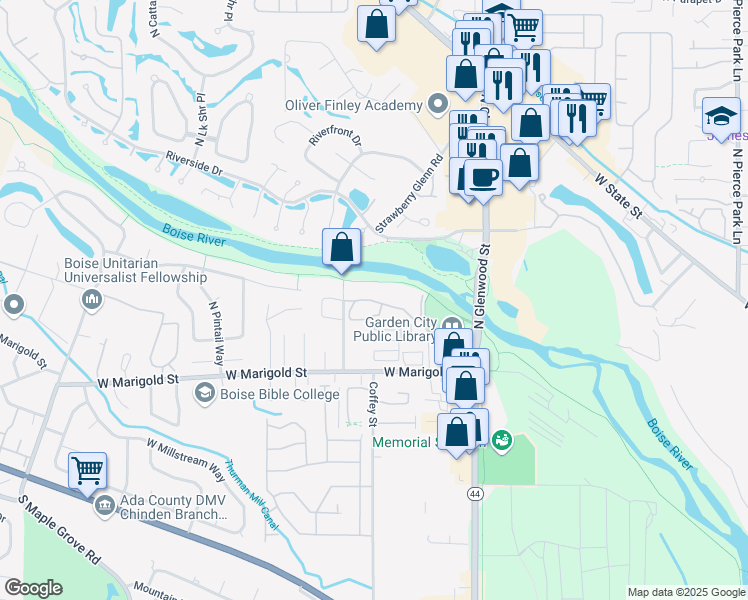 map of restaurants, bars, coffee shops, grocery stores, and more near 143 Strawberry Glenn Road in Garden City