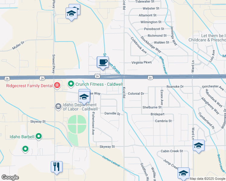map of restaurants, bars, coffee shops, grocery stores, and more near 5022 U.S. 20 in Caldwell