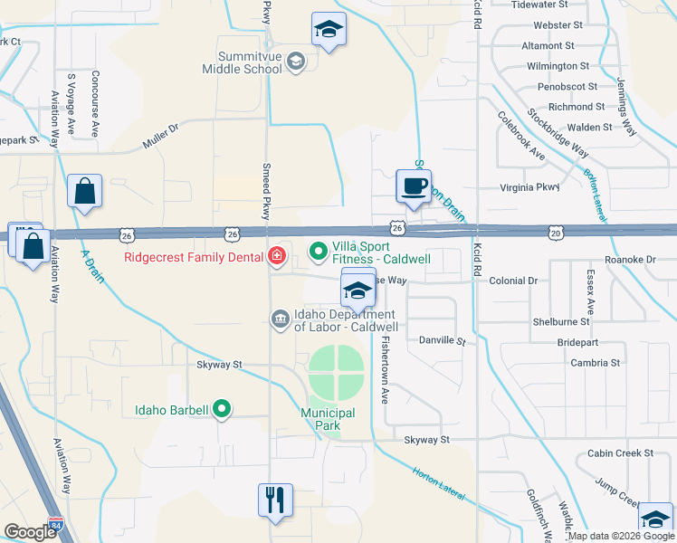 map of restaurants, bars, coffee shops, grocery stores, and more near 4725 Enterprise Way in Caldwell