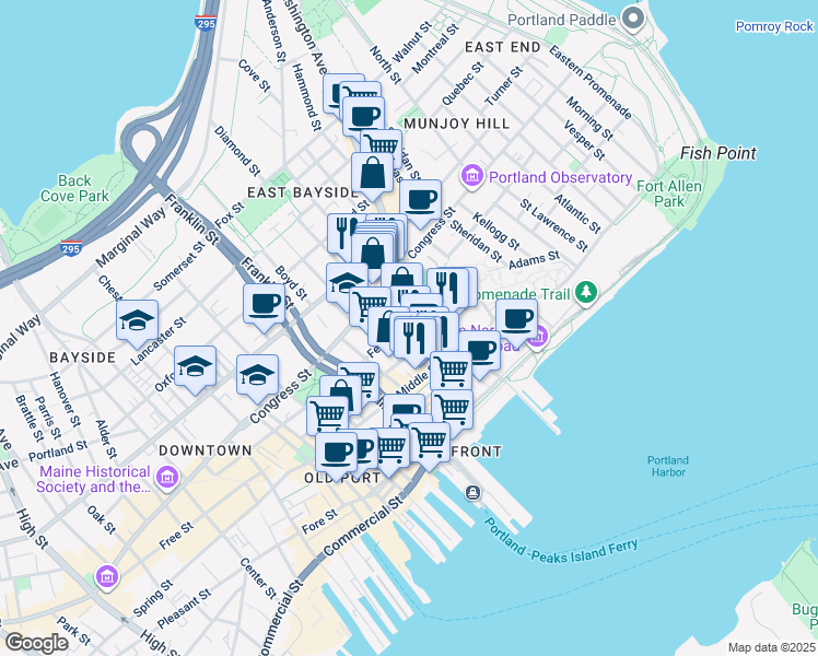 map of restaurants, bars, coffee shops, grocery stores, and more near 55 Federal Street in Portland
