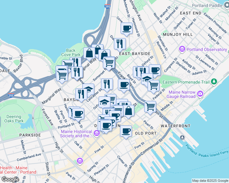 map of restaurants, bars, coffee shops, grocery stores, and more near 186 Pearl Street in Portland