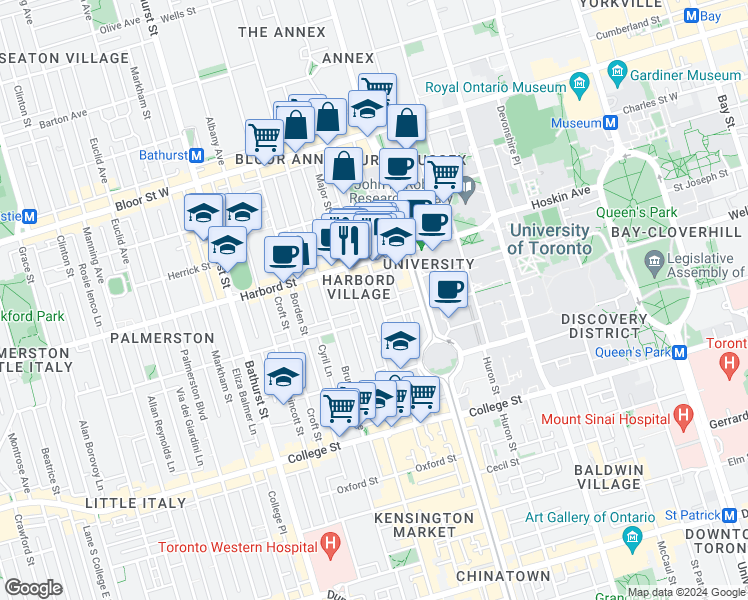map of restaurants, bars, coffee shops, grocery stores, and more near in Toronto