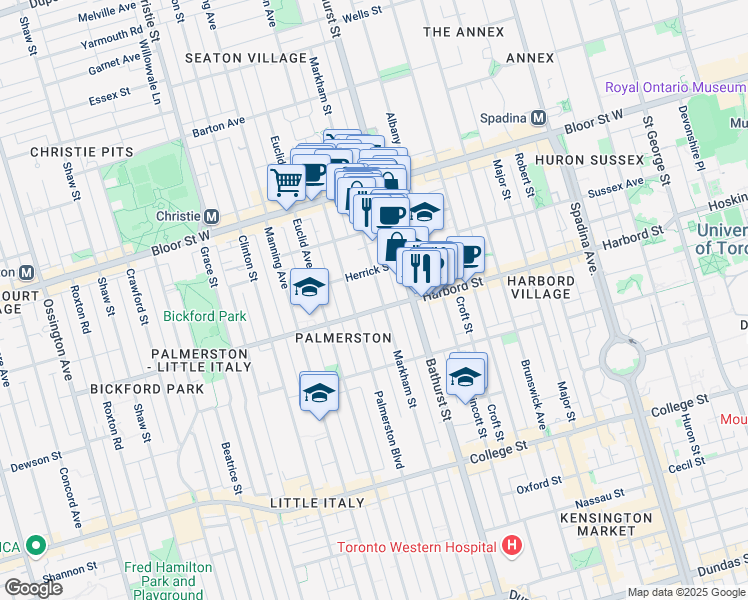 map of restaurants, bars, coffee shops, grocery stores, and more near in Toronto