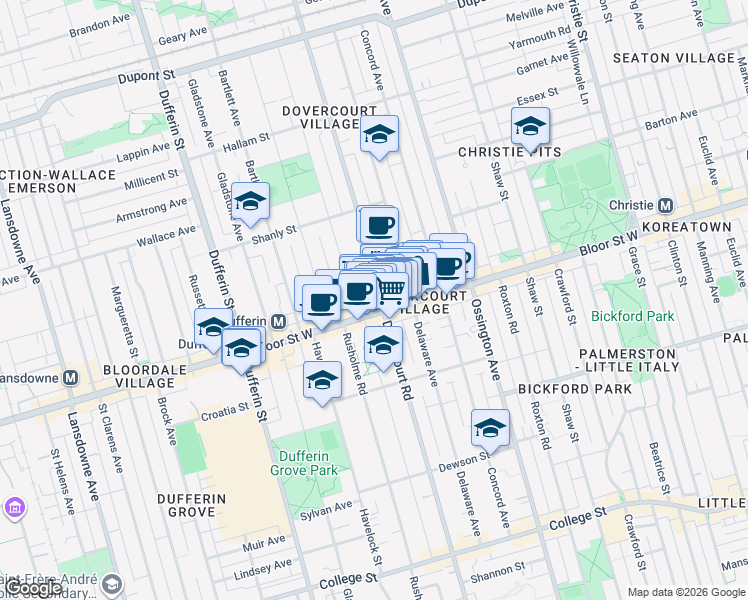map of restaurants, bars, coffee shops, grocery stores, and more near in Toronto