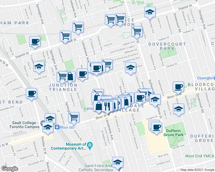map of restaurants, bars, coffee shops, grocery stores, and more near in Toronto