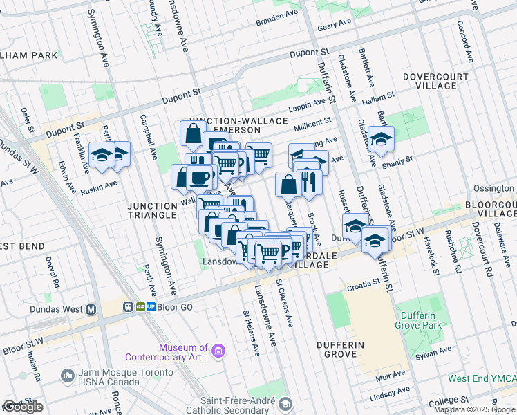 map of restaurants, bars, coffee shops, grocery stores, and more near in Toronto