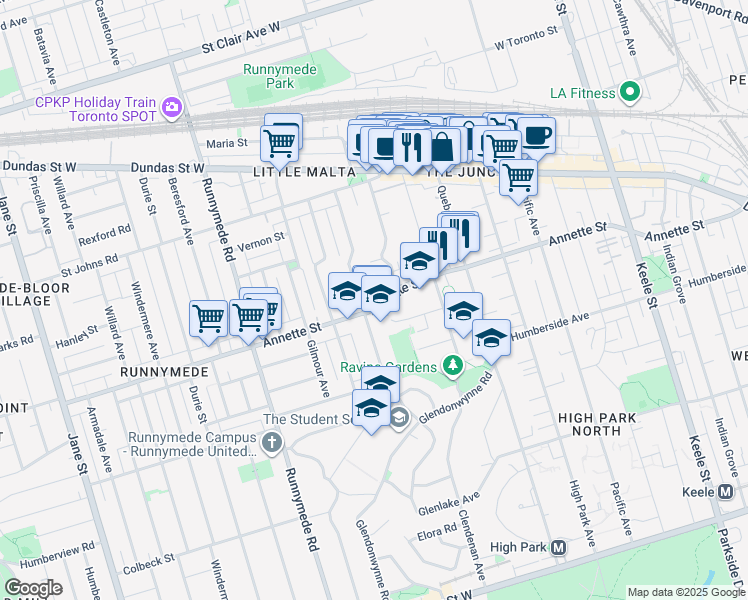 map of restaurants, bars, coffee shops, grocery stores, and more near in Toronto