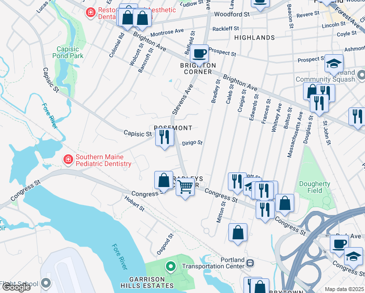 map of restaurants, bars, coffee shops, grocery stores, and more near 40 Dirigo Street in Portland