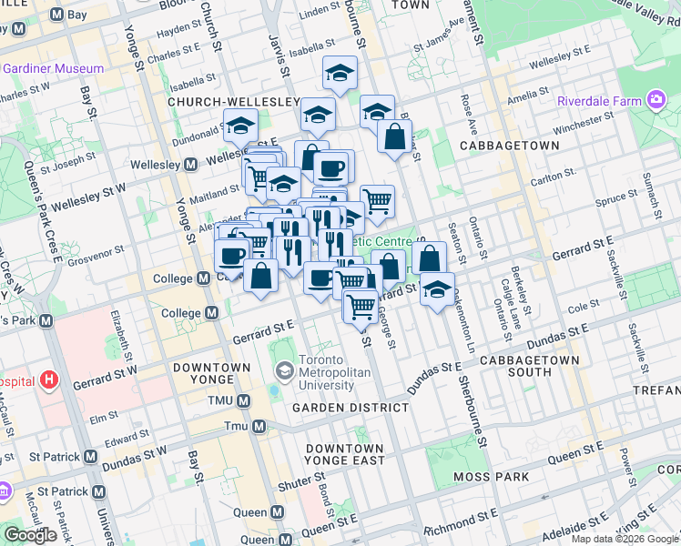 map of restaurants, bars, coffee shops, grocery stores, and more near 308 Jarvis Street in Toronto