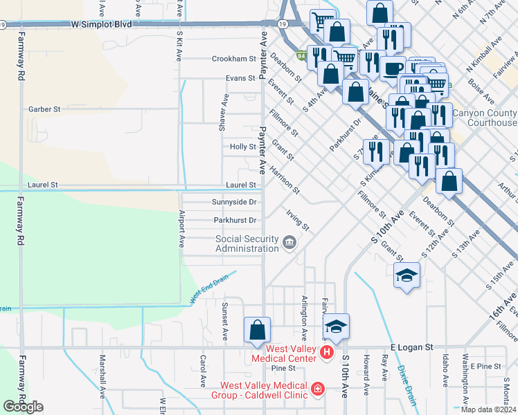 map of restaurants, bars, coffee shops, grocery stores, and more near 1004 Paynter Avenue in Caldwell