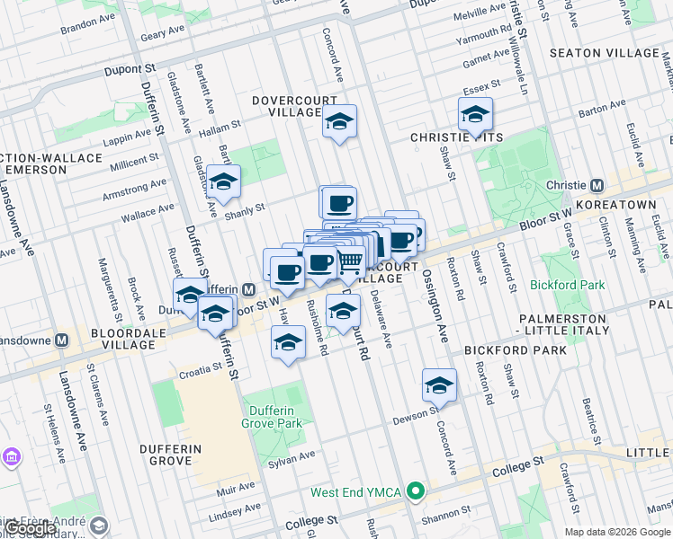 map of restaurants, bars, coffee shops, grocery stores, and more near 758 Dovercourt Road in Toronto