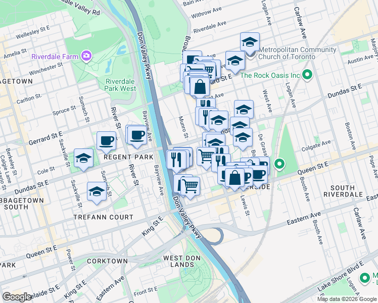 map of restaurants, bars, coffee shops, grocery stores, and more near in Toronto