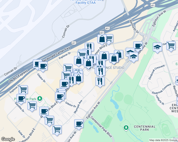 map of restaurants, bars, coffee shops, grocery stores, and more near 5160 Explorer Drive in Mississauga
