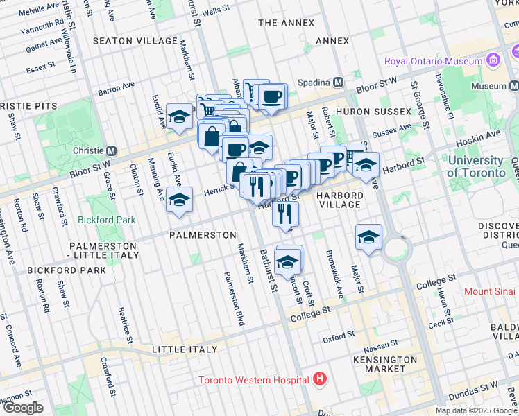 map of restaurants, bars, coffee shops, grocery stores, and more near 207 Harbord Street in Toronto