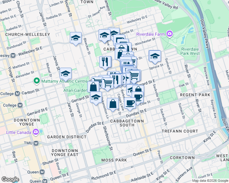 map of restaurants, bars, coffee shops, grocery stores, and more near in Toronto