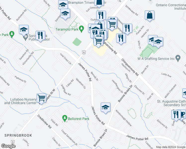 map of restaurants, bars, coffee shops, grocery stores, and more near 17 Borrelli Drive in Brampton