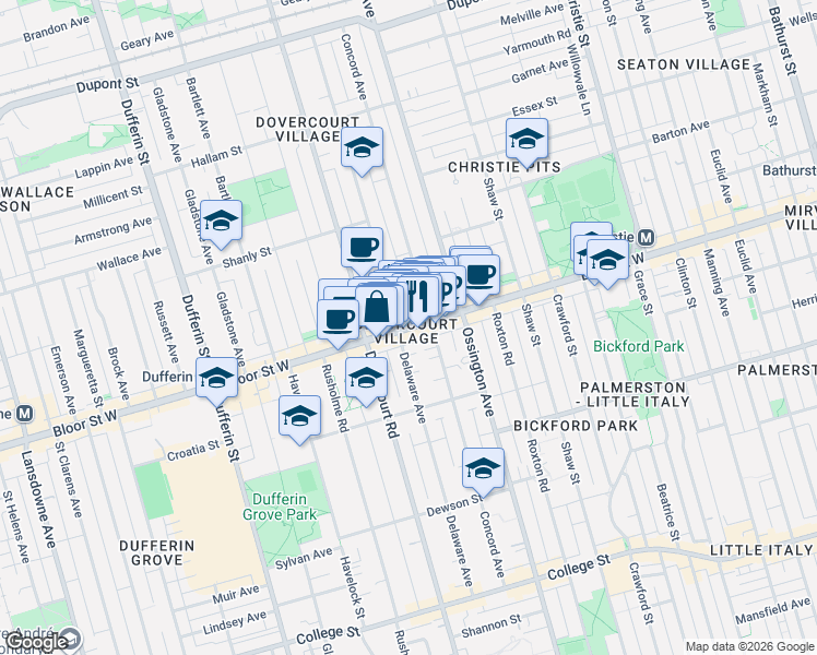 map of restaurants, bars, coffee shops, grocery stores, and more near 938 Bloor Street West in Toronto