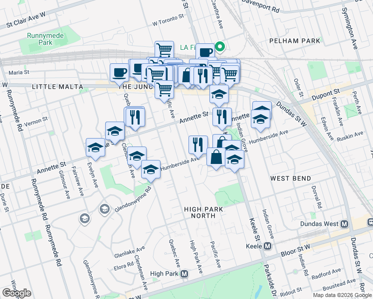 map of restaurants, bars, coffee shops, grocery stores, and more near 283 Pacific Avenue in Toronto
