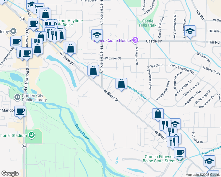 map of restaurants, bars, coffee shops, grocery stores, and more near 6230 West State Street in Boise