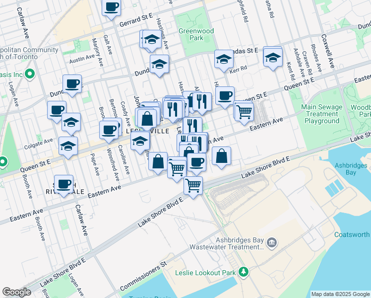 map of restaurants, bars, coffee shops, grocery stores, and more near Eastern Ave & Leslie St in Toronto