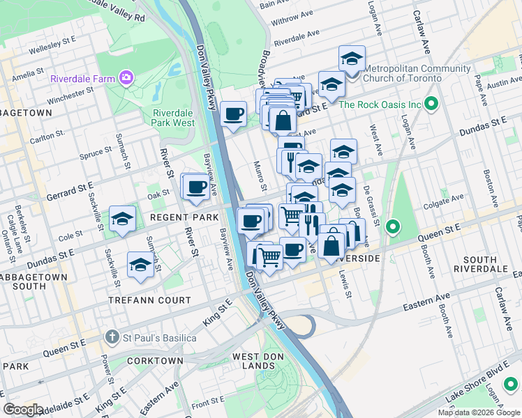 map of restaurants, bars, coffee shops, grocery stores, and more near 29 Frances Loring Lane in Toronto