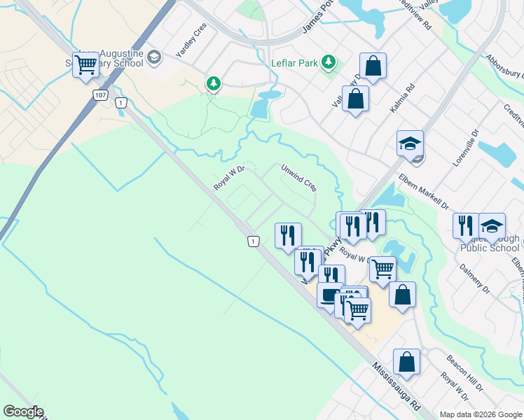 map of restaurants, bars, coffee shops, grocery stores, and more near 63 Vezna Crescent in Brampton