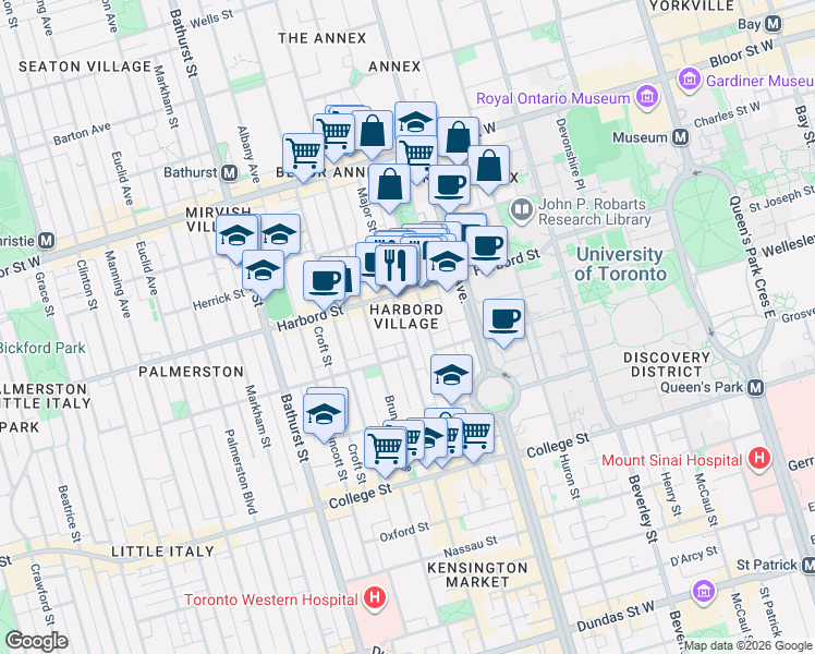 map of restaurants, bars, coffee shops, grocery stores, and more near 155 Major Street in Toronto