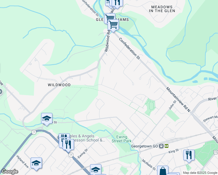 map of restaurants, bars, coffee shops, grocery stores, and more near Gamble Street in Halton Hills