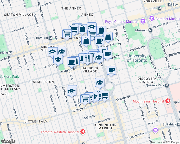 map of restaurants, bars, coffee shops, grocery stores, and more near 155 Major Street in Toronto