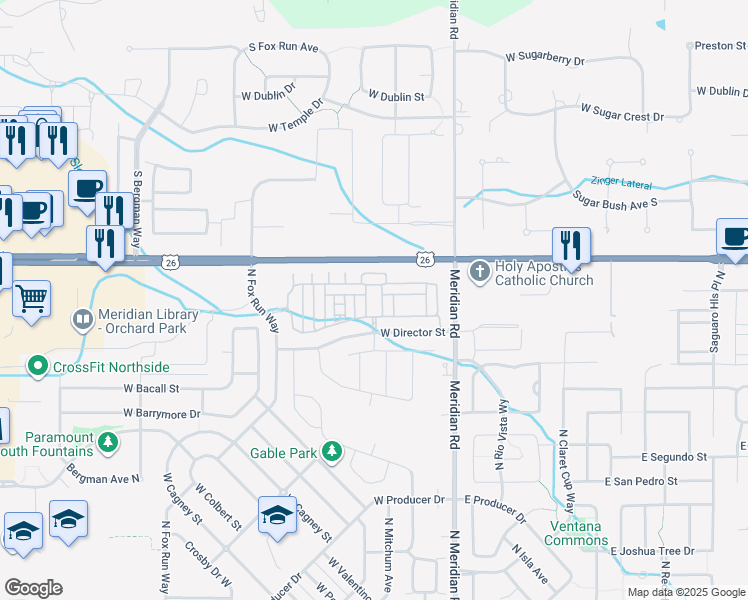 map of restaurants, bars, coffee shops, grocery stores, and more near 276 West Pavilion Lane in Meridian