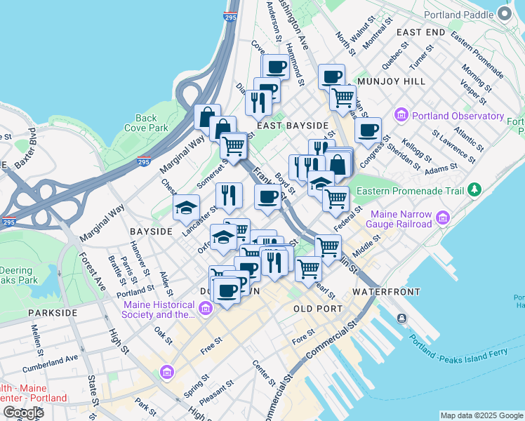 map of restaurants, bars, coffee shops, grocery stores, and more near 62 Wilmot Street in Portland