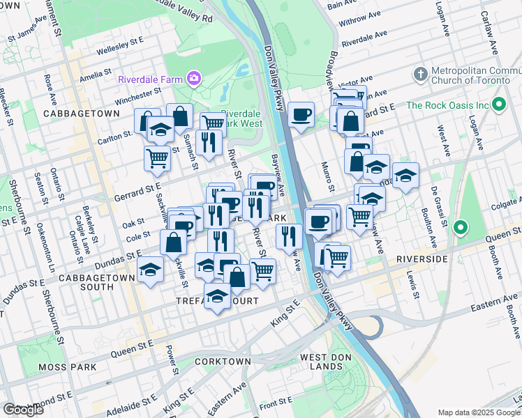 map of restaurants, bars, coffee shops, grocery stores, and more near in Toronto