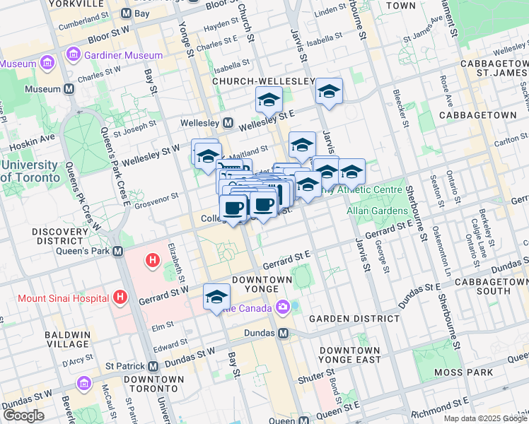 map of restaurants, bars, coffee shops, grocery stores, and more near 20 Carlton Street in Toronto