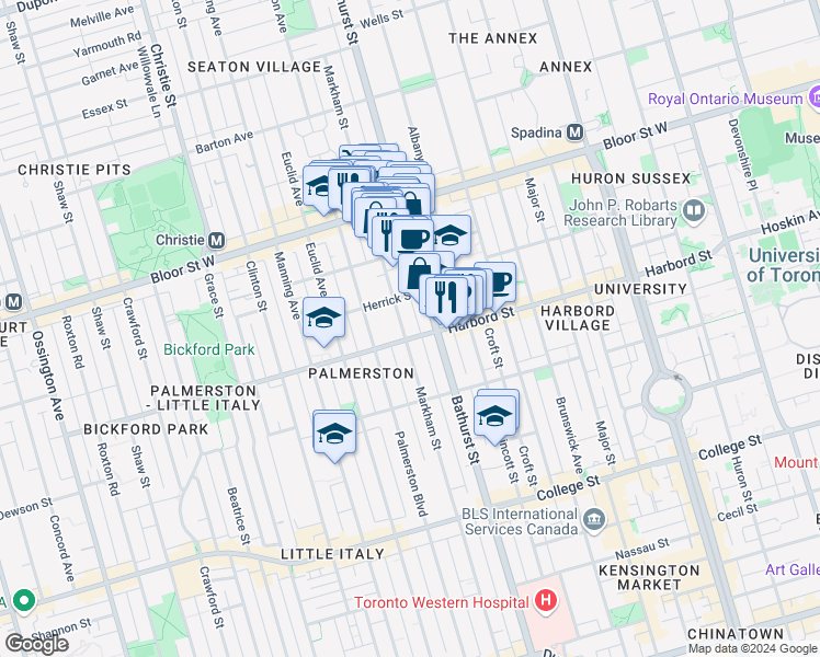map of restaurants, bars, coffee shops, grocery stores, and more near in Toronto
